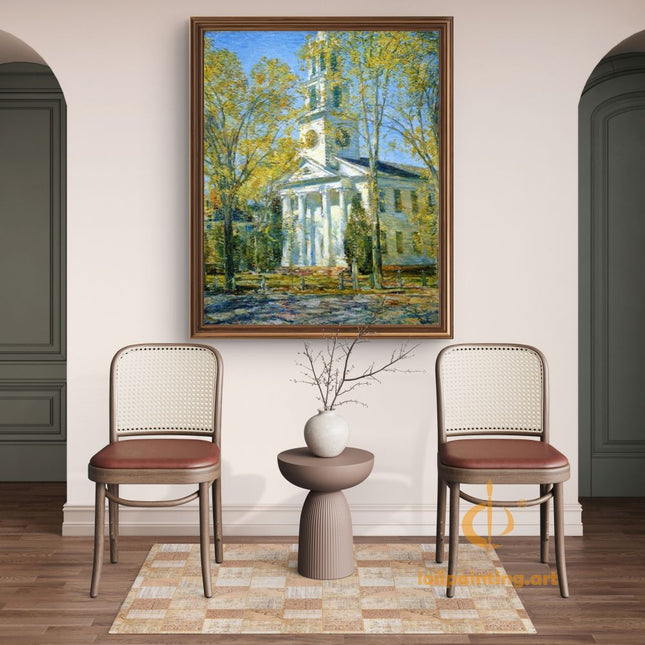"Childe Hassam's 'Classic Autumn Church' Landscape - Hand-Painted Architectural Oil Painting Reproduction"
