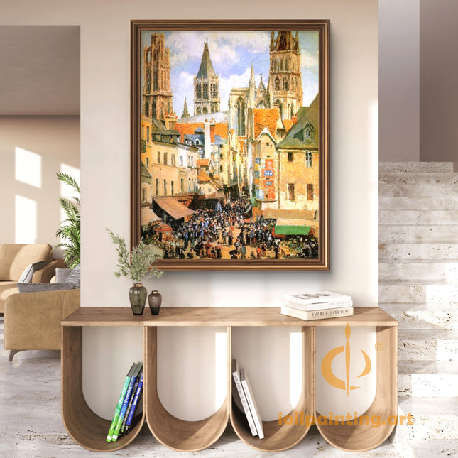 "Camille Pissarro's 'Lively Village Square with Church Spire' - Hand-Painted Oil Painting Reproduction"