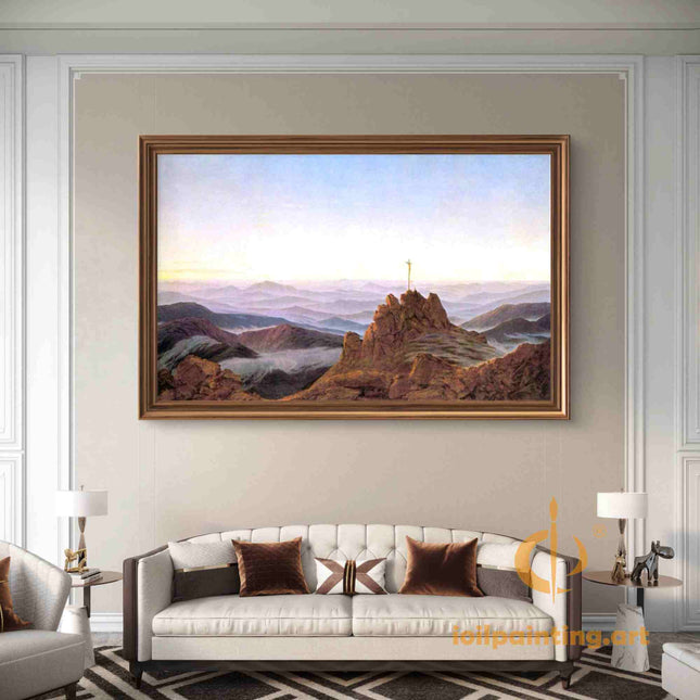 "Caspar David Friedrich's 'Mountain Cross at Sunrise' - Hand-Painted Romantic Oil Painting Reproduction"