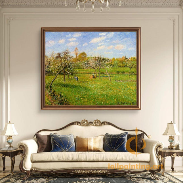 "Camille Pissarro's 'Blossoming Orchard with Field Workers' - Hand-Painted Impressionist Oil Painting Reproduction"