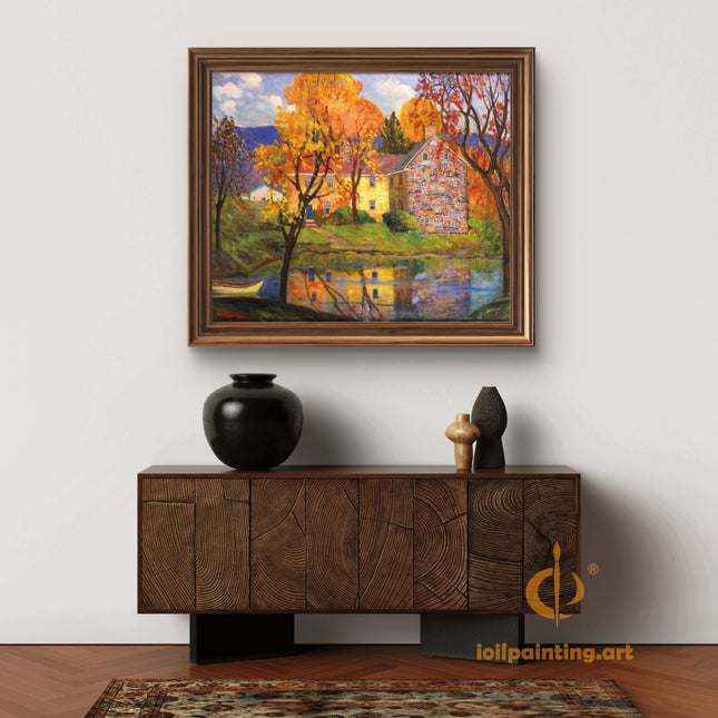 "Autumn Countryside with Stone Cottage - Premium Hand-Painted Oil Reproduction on Canvas"