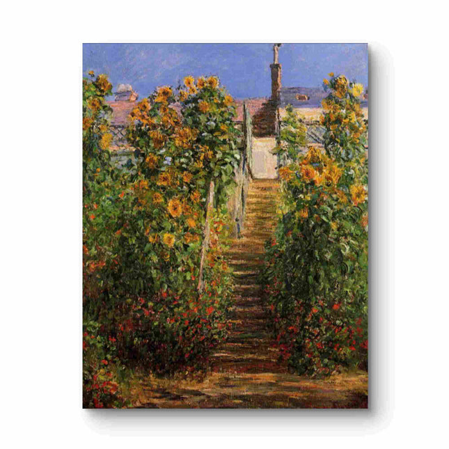 "Claude Monet's 'Garden Stairway with Sunflowers' - Hand-Painted Oil Painting Reproduction"