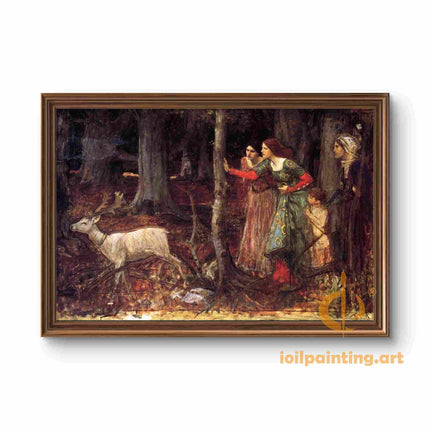 "John William Waterhouse's 'Mystical Forest Encounter with Deer' - Hand-Painted Oil Painting Reproduction"