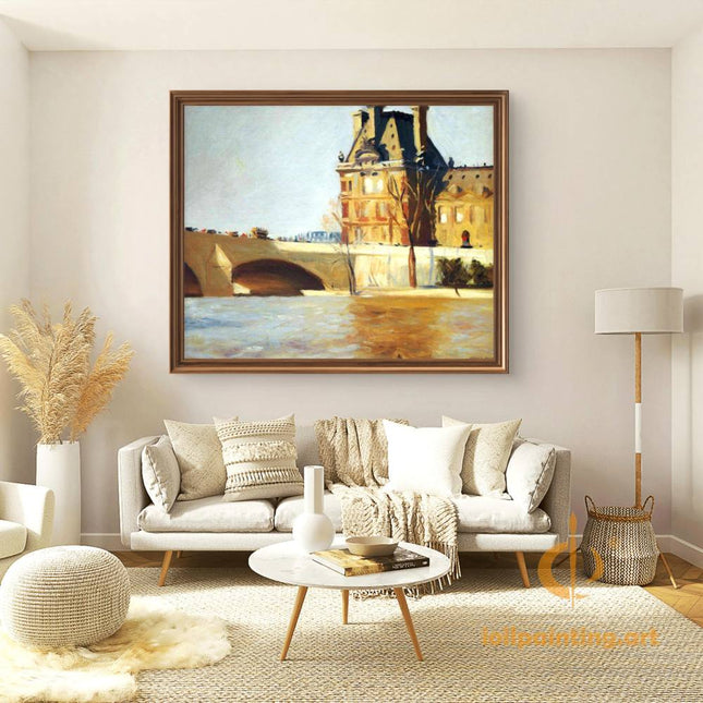 "Edward Hopper's 'Golden Hour Cityscape with Stone Bridge' - Hand-Painted Oil Painting Reproduction"
