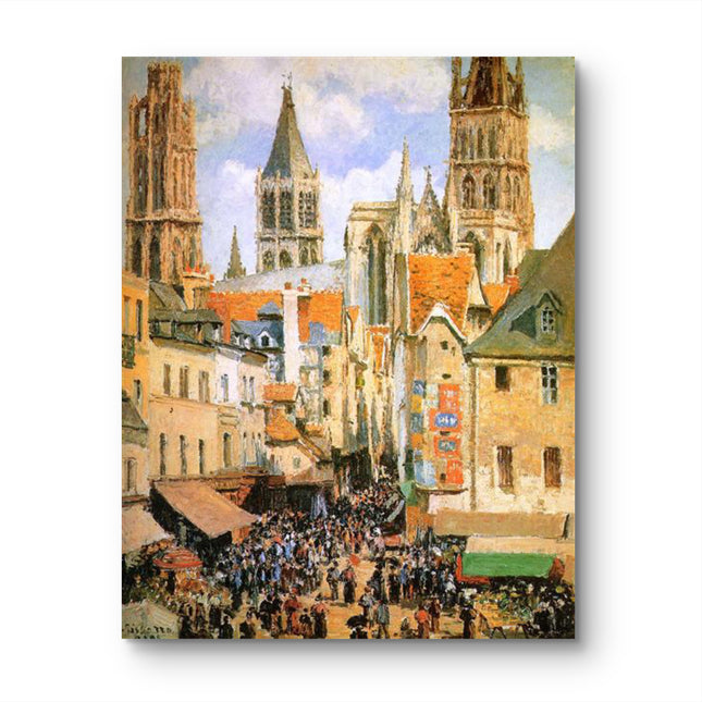 "Camille Pissarro's 'Lively Village Square with Church Spire' - Hand-Painted Oil Painting Reproduction"