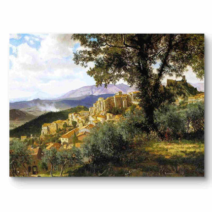 "Albert Bierstadt's 'Charming Hillside Village' - Hand-Painted Landscape Oil Painting Reproduction"
