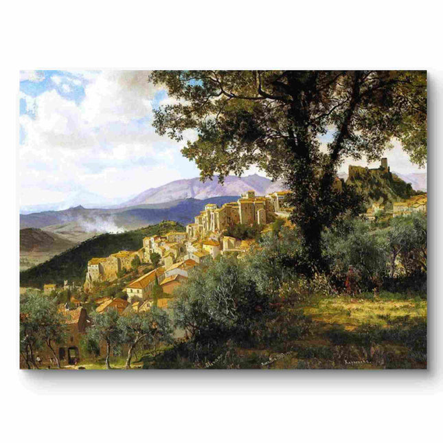 "Albert Bierstadt's 'Charming Hillside Village' - Hand-Painted Landscape Oil Painting Reproduction"
