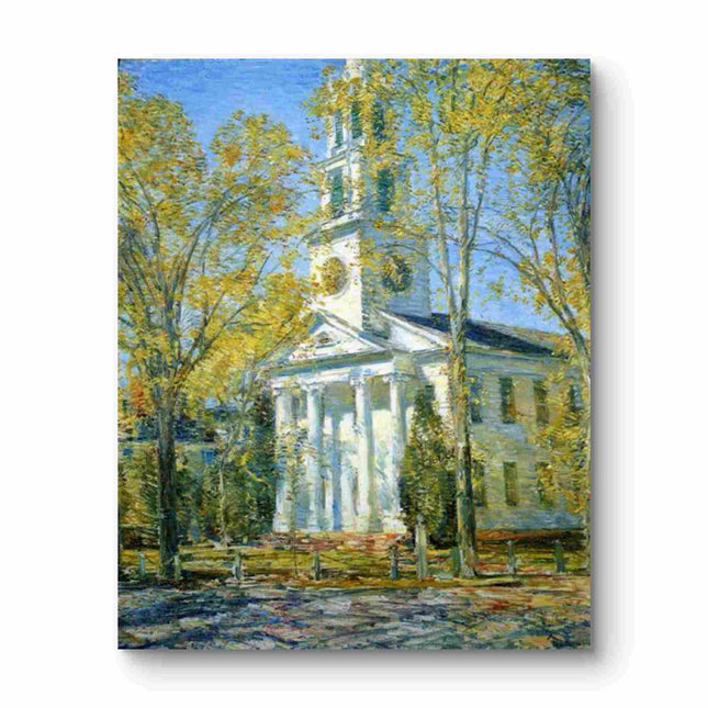 "Childe Hassam's 'Classic Autumn Church' Landscape - Hand-Painted Architectural Oil Painting Reproduction"