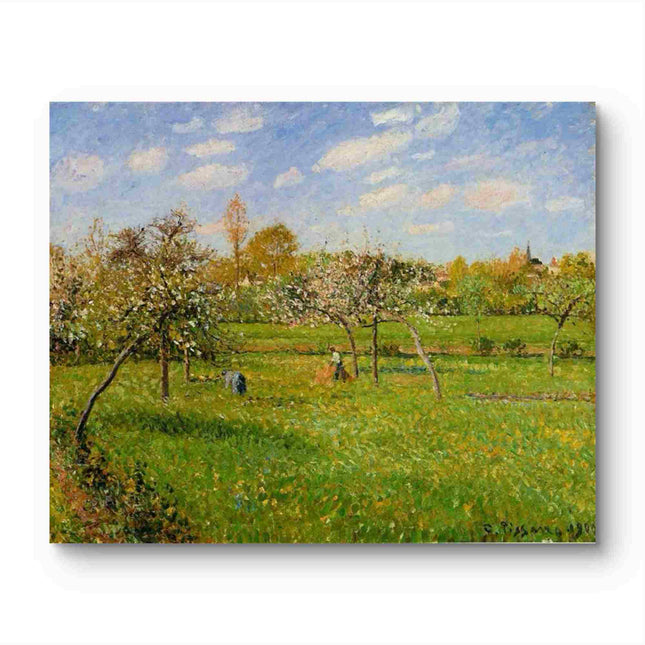 "Camille Pissarro's 'Blossoming Orchard with Field Workers' - Hand-Painted Impressionist Oil Painting Reproduction"