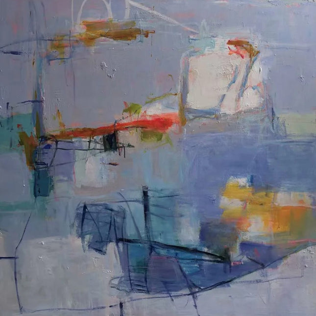 "Expressive Abstract Oil Painting - Serene Blues & Vibrant Accents - Handmade Contemporary Wall Art for Modern Interiors"