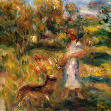 "Pierre-Auguste Renoir's 'Lady with Dog in Garden' - Hand-Painted Impressionist Oil Painting Reproduction"