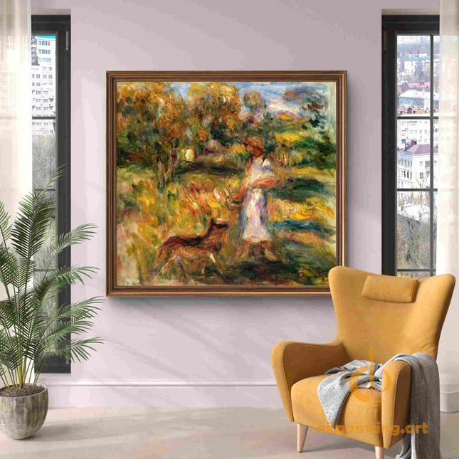 "Pierre-Auguste Renoir's 'Lady with Dog in Garden' - Hand-Painted Impressionist Oil Painting Reproduction"