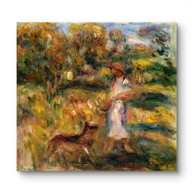 "Pierre-Auguste Renoir's 'Lady with Dog in Garden' - Hand-Painted Impressionist Oil Painting Reproduction"
