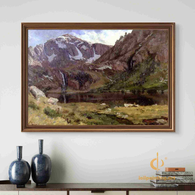 "Albert Bierstadt's 'Alpine Splendor' - Hand-Painted Mountain Landscape Oil Painting Reproduction"