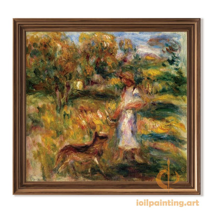 "Pierre-Auguste Renoir's 'Lady with Dog in Garden' - Hand-Painted Impressionist Oil Painting Reproduction"