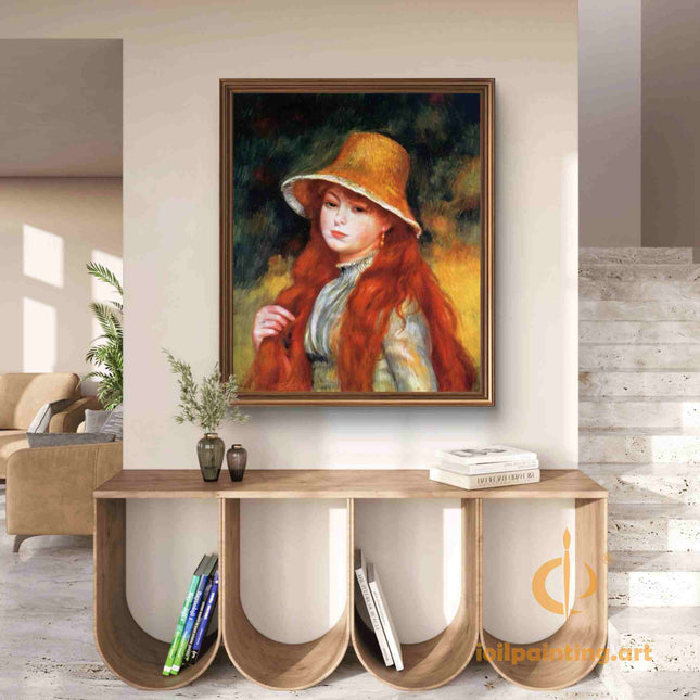 "Pierre-Auguste Renoir's 'Red-Haired Beauty in Straw Hat' - Hand-Painted Impressionist Oil Painting Reproduction"