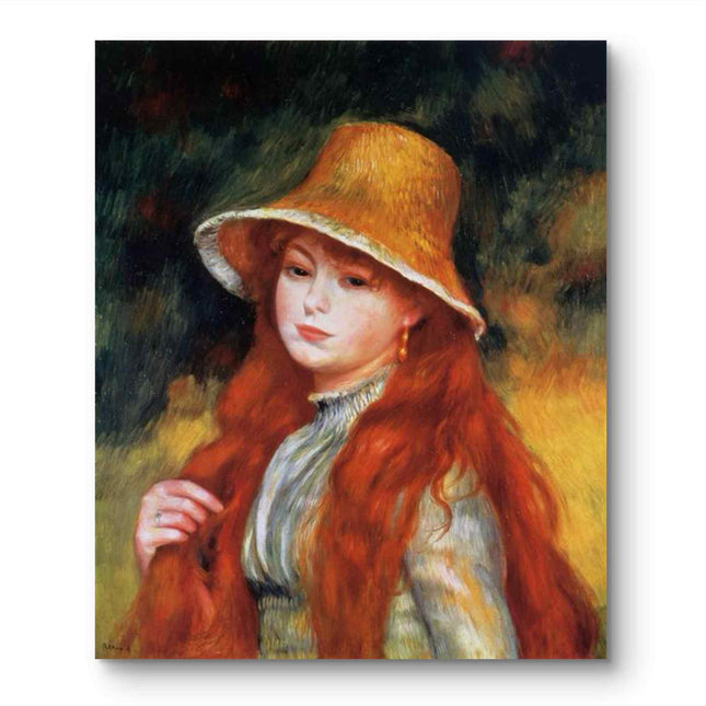 "Pierre-Auguste Renoir's 'Red-Haired Beauty in Straw Hat' - Hand-Painted Impressionist Oil Painting Reproduction"