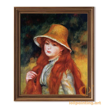 "Pierre-Auguste Renoir's 'Red-Haired Beauty in Straw Hat' - Hand-Painted Impressionist Oil Painting Reproduction"