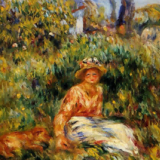 "Pierre-Auguste Renoir's 'Lady with Dog in Garden' - Hand-Painted Impressionist Oil Painting Reproduction"