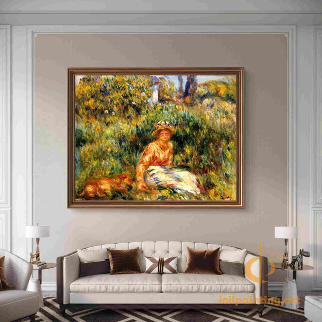 "Pierre-Auguste Renoir's 'Lady with Dog in Garden' - Hand-Painted Impressionist Oil Painting Reproduction"
