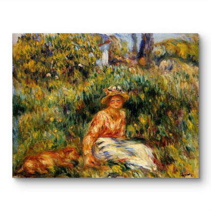 "Pierre-Auguste Renoir's 'Lady with Dog in Garden' - Hand-Painted Impressionist Oil Painting Reproduction"