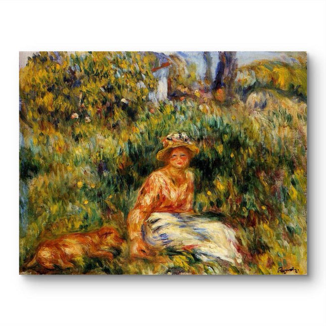 "Pierre-Auguste Renoir's 'Lady with Dog in Garden' - Hand-Painted Impressionist Oil Painting Reproduction"