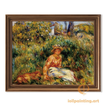 "Pierre-Auguste Renoir's 'Lady with Dog in Garden' - Hand-Painted Impressionist Oil Painting Reproduction"