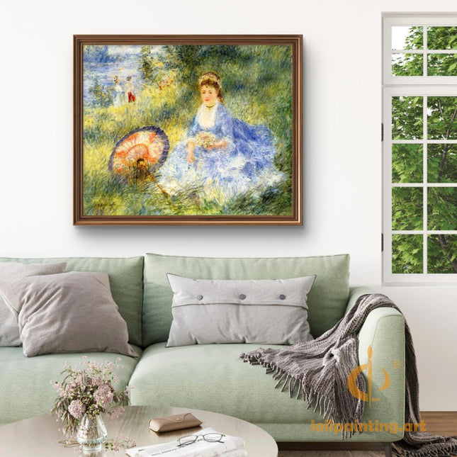 "Pierre-Auguste Renoir's 'Lady with Flowers in Meadow' - Hand-Painted Impressionist Oil Painting Reproduction"