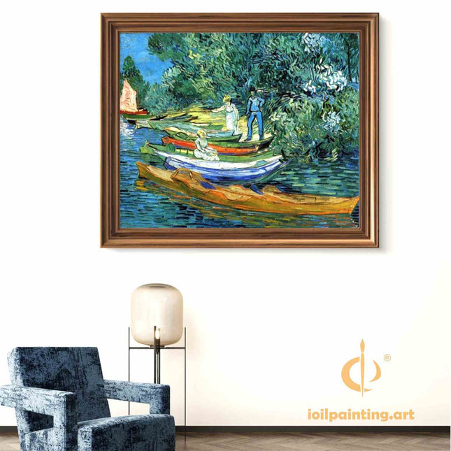 "Vincent van Gogh 'Riverside Leisure' - Hand-Painted Post-Impressionist Oil Painting Reproduction | Vibrant Boating Scene"