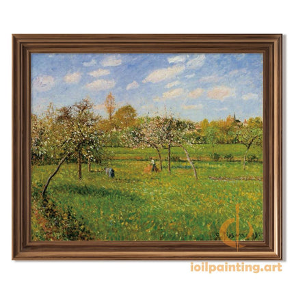 "Camille Pissarro's 'Blossoming Orchard with Field Workers' - Hand-Painted Impressionist Oil Painting Reproduction"