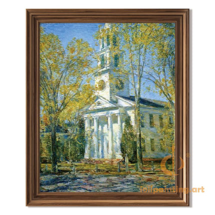 "Childe Hassam's 'Classic Autumn Church' Landscape - Hand-Painted Architectural Oil Painting Reproduction"