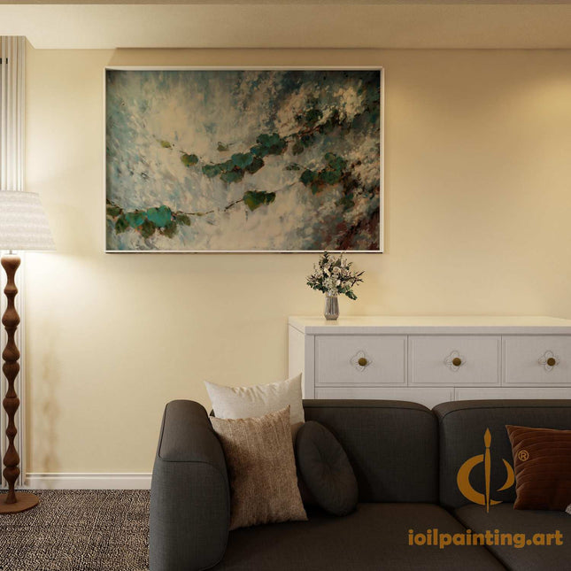 "Serene Green Leaf Abstract Oil Painting - Nature-Inspired Wall Art for Modern Homes | Handmade Canvas Decor"