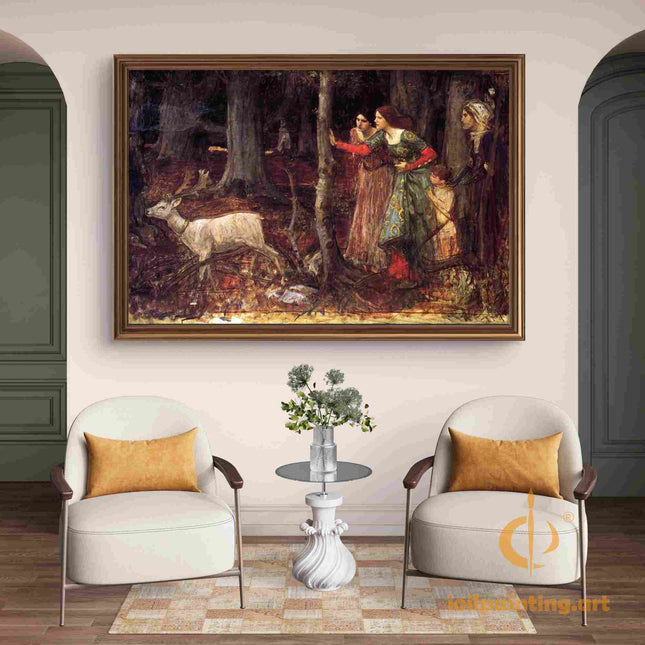 "John William Waterhouse's 'Mystical Forest Encounter with Deer' - Hand-Painted Oil Painting Reproduction"