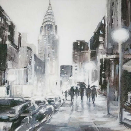 "Moody Impressionist Cityscape Oil Painting - Rainy Urban Streets with Vintage Cars - Modern Abstract Wall Art"