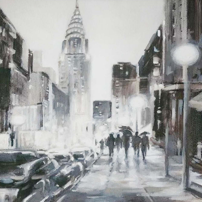 "Moody Impressionist Cityscape Oil Painting - Rainy Urban Streets with Vintage Cars - Modern Abstract Wall Art"