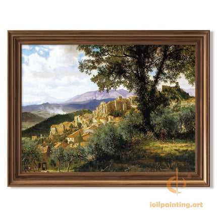 "Albert Bierstadt's 'Charming Hillside Village' - Hand-Painted Landscape Oil Painting Reproduction"