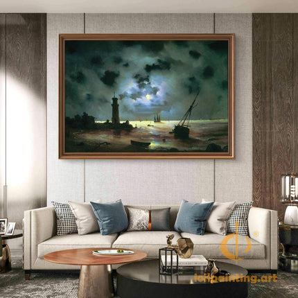 "Ivan Aivazovsky's 'Moonlit Seascape with Lighthouse and Sailboats' - Hand-Painted Oil Painting Reproduction"
