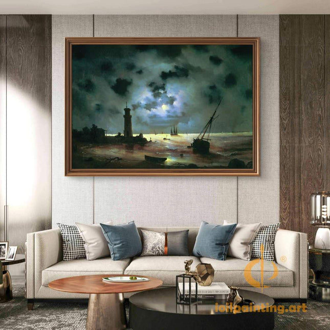 "Ivan Aivazovsky's 'Moonlit Seascape with Lighthouse and Sailboats' - Hand-Painted Oil Painting Reproduction"