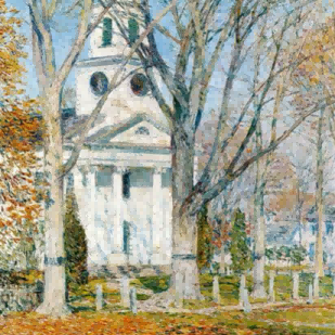 "Childe Hassam's 'Classic Autumn Church' Landscape - Hand-Painted Architectural Oil Painting Reproduction"