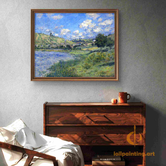 "Claude Monet's 'Serene Lake with Village Reflections' - Hand-Painted Oil Painting Reproduction"