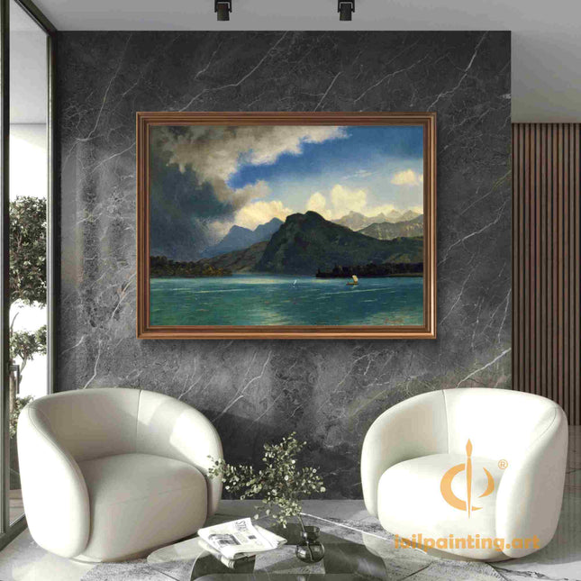 "Albert Bierstadt's 'Mountain Lake Serenity' - Hand-Painted Landscape Oil Painting Reproduction"