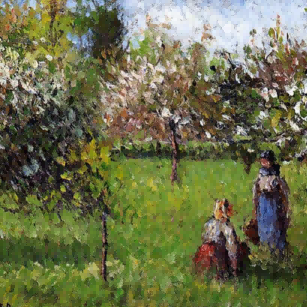 "Camille Pissarro's 'Spring Orchard with Figures' - Hand-Painted Impressionist Oil Painting Reproduction"
