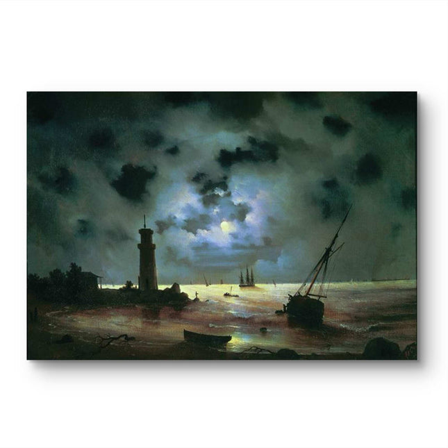 "Ivan Aivazovsky's 'Moonlit Seascape with Lighthouse and Sailboats' - Hand-Painted Oil Painting Reproduction"