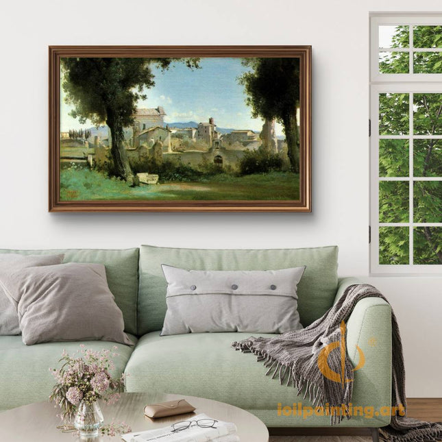 "Camille Corot's 'Village Through the Trees' - Hand-Painted Oil Painting Reproduction"