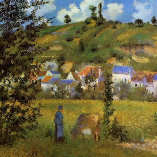 "Camille Pissarro's 'Woman with Horse in Pastoral Landscape' - Hand-Painted Impressionist Oil Painting Reproduction"