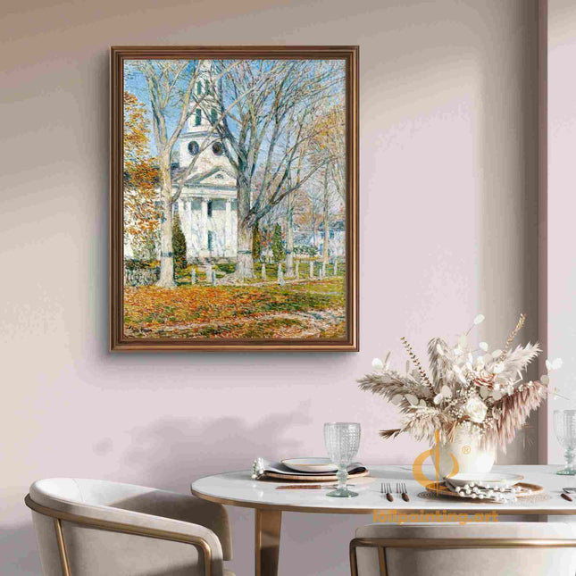 "Childe Hassam's 'Classic Autumn Church' Landscape - Hand-Painted Architectural Oil Painting Reproduction"