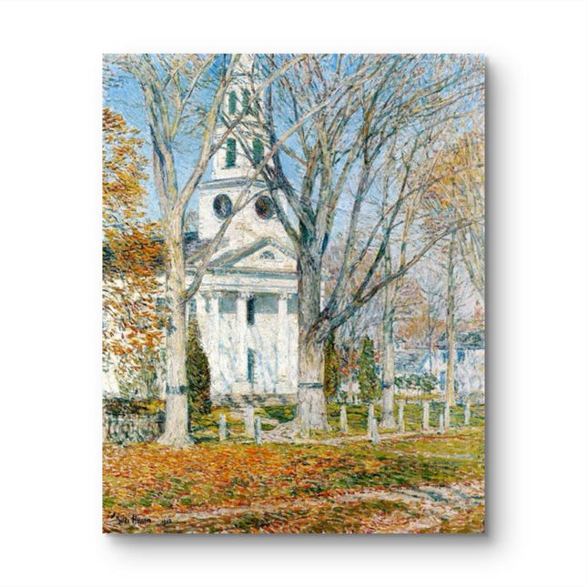 "Childe Hassam's 'Classic Autumn Church' Landscape - Hand-Painted Architectural Oil Painting Reproduction"