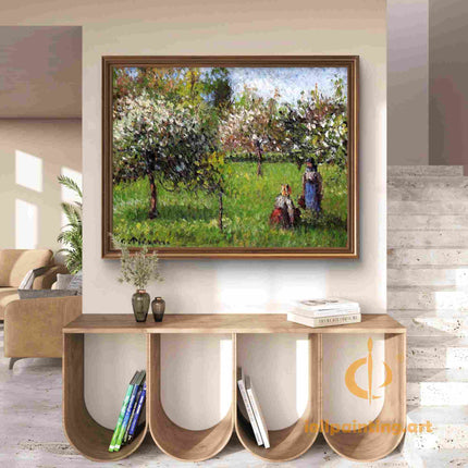 "Camille Pissarro's 'Spring Orchard with Figures' - Hand-Painted Impressionist Oil Painting Reproduction"
