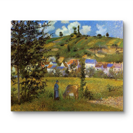"Camille Pissarro's 'Woman with Horse in Pastoral Landscape' - Hand-Painted Impressionist Oil Painting Reproduction"