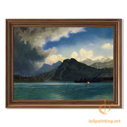 "Albert Bierstadt's 'Mountain Lake Serenity' - Hand-Painted Landscape Oil Painting Reproduction"